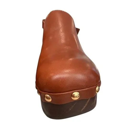 Matisse Brown Leather Platform Clogs LIBERTY Gold Studded Wood Heel Mule Size 8M - Picture 6 of 13